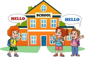 happy cute little kids boy and girl study with teacher.illustrations of cheerful children's school life. vector