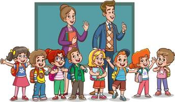 happy cute little kids boy and girl study with teacher.illustrations of cheerful children's school life. vector