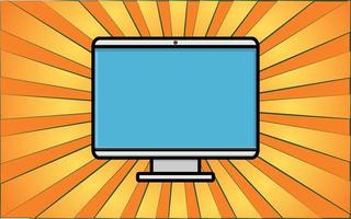 Modern digital computer monitor on a background of abstract yellow rays. Vector illustration