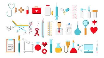 A large beautiful bright colored set of medical items and tools of a pharmacy or doctor's office, thermometer tablets syringes medication flasks on a white background. Vector illustration
