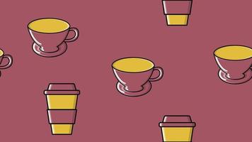 Seamless pattern of repeating glasses and ceramic cups with a quick hot invigorating coffee American espresso arabica in a cardboard cup to go on a purple background. Vector illustration