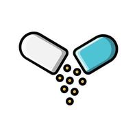 An open small medical capsule pill with pouring in medicine with vitamins for treating people, a simple black and white icon on a white background. Vector illustration