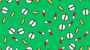 Seamless pattern texture of endless repetitive medicine tablets pills dragee capsules and medication plates with vitamins on a green background flat lay. Vector illustration