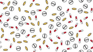 Seamless pattern texture of endless repetitive medicine tablets pills dragee capsules and medication plates with vitamins on a white background flat lay. Vector illustration