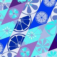 Texture blue with a pattern of lemons limes oranges citrus fresh fruit vitamin summer tropical delicious sweet on a background of rhombuses for wallpaper on the kitchen. Vector illustration