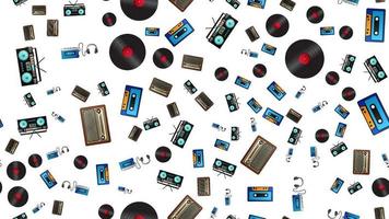 Seamless pattern of retro old hipster music audio cassette players and tape recorders vinyl records and radio from the 70s, 80s, 90s, 2000s on a white background vector