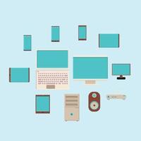 Vector illustration of a large set of flat icons of digital smartphone computers monitors modems on a blue background. Concept computer technologies