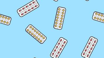 Seamless pattern texture of endless repetitive medicine tablets pills dragee capsules and medication plates with vitamins on a blue background flat lay. Vector illustration