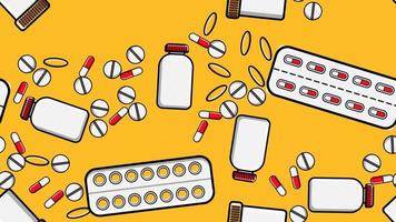 Seamless pattern texture of endless repetitive medicine tablets pills dragee capsules records cans of packs with medicines vitamins drugs on a yellow background flat lay top view. Vector illustration