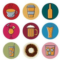 conjunto de íconos redondos multicolores para un café bar de un restaurante. artículos de cócteles alcohólicos y no alcohólicos y bebidas en vasos de café, té, whisky, cerveza, donuts