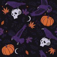 Halloween seamless pattern with crows, pumpkins and skulls. Vector graphics.