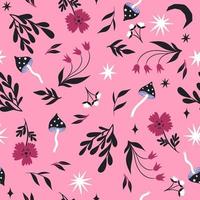 Seamless pattern with mushrooms and flowers on a pink background. Vector graphics.