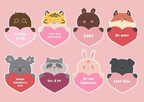 Set of stickers for Valentine's Day with animals and hearts. Vector graphics.
