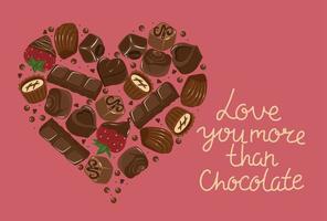 Postcard with a heart made of chocolate and the inscription I love you more than chocolate. Vector graphics.