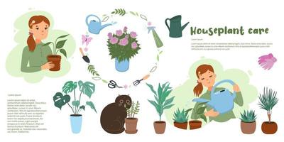 Cute houseplant care infographics with cat and girl. Vector graphics.