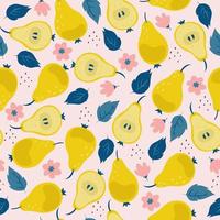 Seamless pattern with pears, flowers and leaves. Vector graphics.