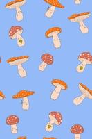 Seamless pattern with kawaii fly agarics on a blue background. Vector graphics.