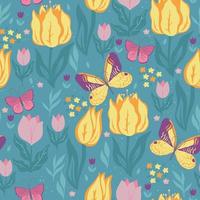 Seamless pattern with butterflies and tulips. Vector graphics.