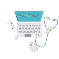 Top view on flat lay of a laptop computer doctor medical worker with a gradius pan, stethoscope, pills on a white background. Concept computer modern new technologies in healthcare vector