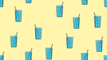 Seamless pattern of blue repeating alcoholic cocktails in a glass with ice and a straw on a yellow background. Vector illustration