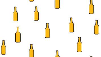 Seamless pattern of yellow repeating alcoholic beer glass bottles with beer frothy hop glass malt craft lager on a white background to the St. Patrick's Day. Vector illustration