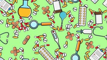 Seamless pattern texture of medicine items icons pricks pills pipettes stethoscopes tools doctor flasks capsules syringe cans on a green background flat lay top view. Vector illustration