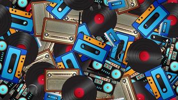 Seamless pattern of retro old hipster music audio cassette players and tape recorders vinyl records and radio from the 70s, 80s, 90s, 2000s, background vector