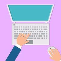 ilustración vectorial de un hombre que trabaja con las manos en un ordenador portátil con un ratón y un teclado sobre un fondo rosa, vista superior, plano. concepto de tecnologías digitales informáticas vector