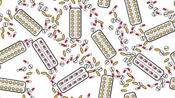 Seamless pattern texture of endless repetitive medicine tablets pills dragee capsules and medication plates with vitamins on a white background flat lay. Vector illustration