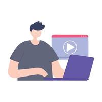 capacitación en línea, hombre que usa contenido de video portátil, educación y cursos de aprendizaje digital vector