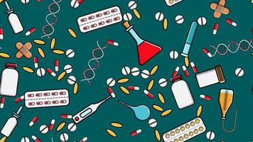 Seamless pattern texture of medicine items icons pricks pills pipettes stethoscopes tools doctor flasks capsules syringe cans on a green background flat lay top view. Vector illustration