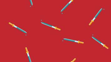 Seamless pattern texture of endless repetitive scientific medicine droppers pipettes for titration, instillation of medication with drops on a red background. Vector illustration
