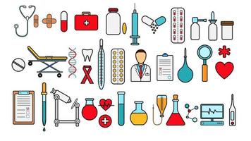 Medical pharmaceutical big set of medical items, equipment, items of icons on a white background tablets thermometers capsules flasks medications first aid kit heart microscope. Vector illustration