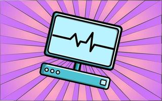 aparato médico moderno para electrocardiograma con monitor y pulso cardíaco para el estudio de la salud sobre un fondo de rayos violetas abstractos. ilustración vectorial vector