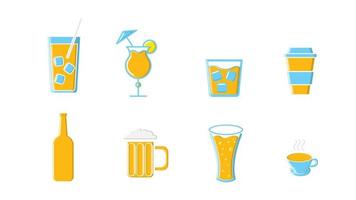 conjunto de íconos de botellas de bebidas alcohólicas y no alcohólicas y tazas de té, café, cerveza, cócteles y vodka de whisky con hielo sobre un fondo blanco. ilustración vectorial vector