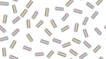 Seamless pattern texture of endless repetitive medicine tablets pills dragee capsules and medication plates with vitamins on a white background flat lay. Vector illustration