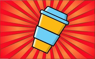 Delicious paper cup of quick invigorating coffee on a background of abstract red rays. Vector illustration