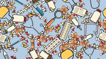 Seamless pattern texture of medicine items icons pricks pills pipettes stethoscopes tools doctor flasks capsules cans syringes on a blue background flat lay top view. Vector illustration