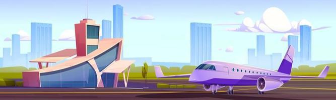 Airport terminal building with tower and airplane vector