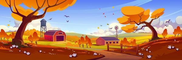 campo de otoño con molino de viento de granero de granja en otoño vector