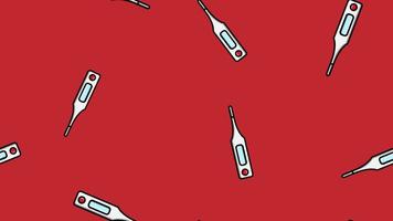 Seamless pattern texture of endless repetitive medical digital modern electronic thermometers for measuring body temperature on a red background. Vector illustration