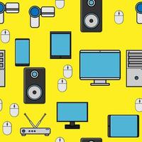 Seamless pattern, texture from modern digital devices, gadgets, tablets, smartphones, mice, speakers, monitors, laptops, routers for internet, computer equipment on a yellow background. Vector