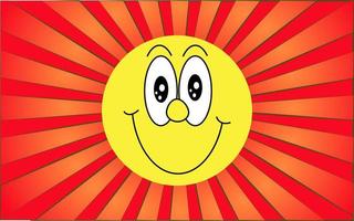 Emotional yellow round smiling happy face emoji on a background of abstract red rays. Vector illustration