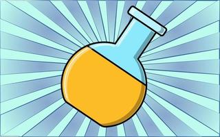 Medical yellow laboratory science glass chemical flask for research and study on a background of abstract blue rays. Vector illustration