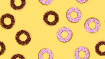 Seamless pattern, texture from different round sweet flour tasty fresh hot donuts, pastries, sugar-coated cookies in chocolate candy caramel pastry on a yellow background. Vector illustration