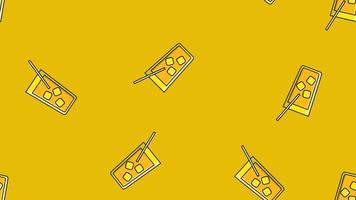 Seamless pattern of repeating alcoholic cocktails in a glass with ice and a straw on a yellow background. Vector illustration