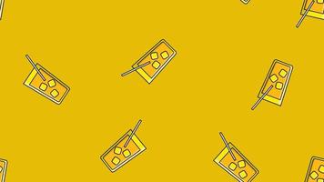 Seamless pattern of repeating alcoholic cocktails in a glass with ice and a straw on a yellow background. Vector illustration