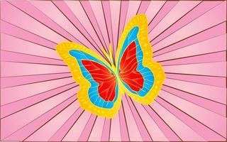 gran mariposa dorada con alas sobre un fondo de rayos violetas abstractos. ilustración vectorial vector