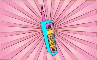 Retro old antique hipster mobile phone from the 70s, 80s, 90s, 2000s against a background of abstract pink rays. Vector illustration