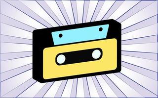 Retro old antique musical audio cassette from the 70s, 80s, 90s, 2000s against a background of abstract blue rays. Vector illustration